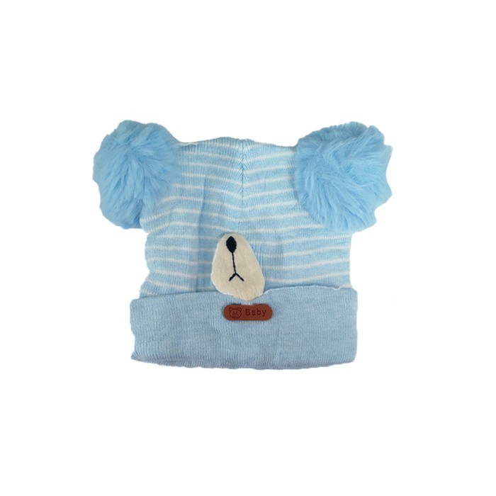  Pom Pom Acrylic Woollen Double Layer Cap Bear Design - Sky Blue 