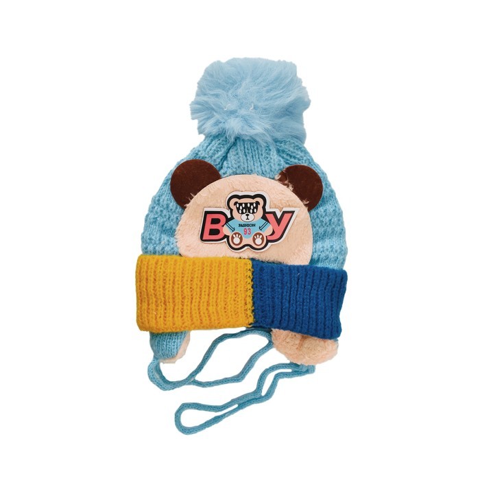  Acrylic Woollen Double Layer Tie Knot Cap Bear Design - Sky Blue 