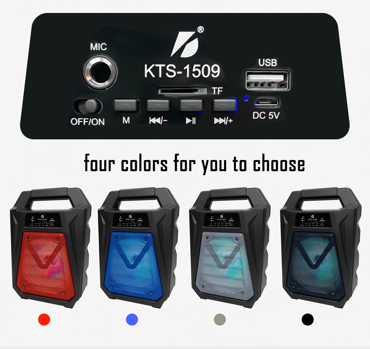  KTS-1509 portable wireless Bluetooth speaker 8 inch with Wireless/Coatless Microphone outdoor karaoke players speaker, AUX, USB, Memory Card, FM, Rechargeable, TWS, LED Flashing light 