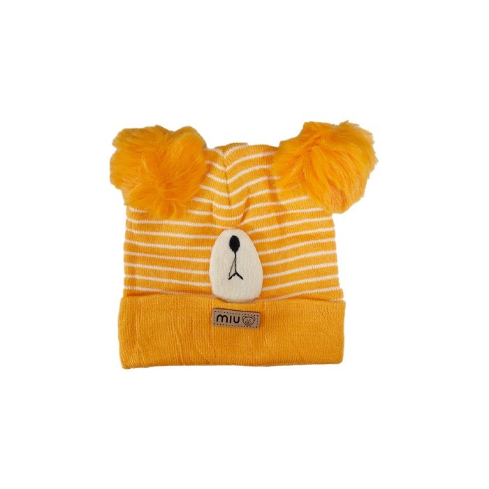  Pom Pom Acrylic Woollen Double Layer Cap Bear Design - Yellow 
