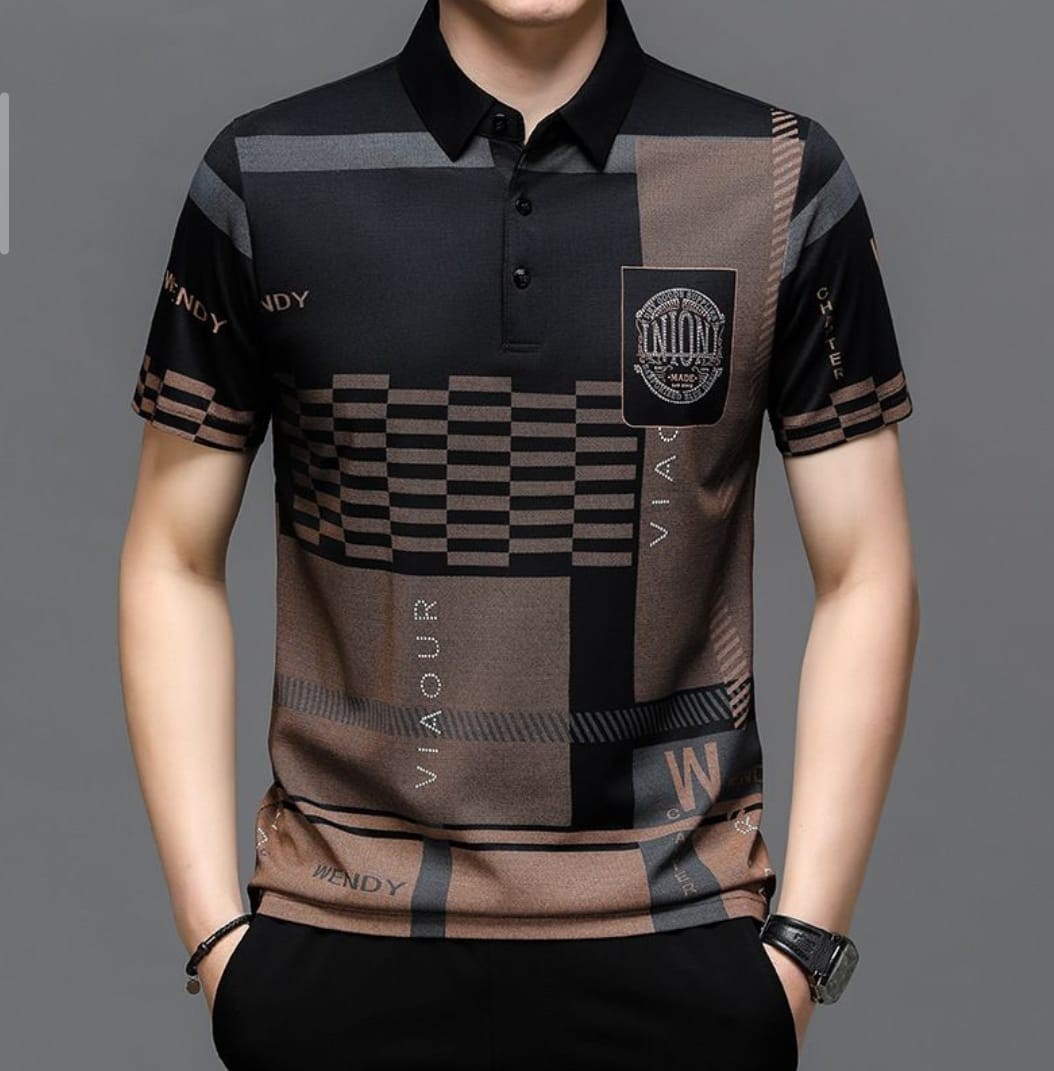  Premium Chinese Variant Golden & Black Mixed Half Sleeve Summer China Chinigura Polo Shirt For Men 