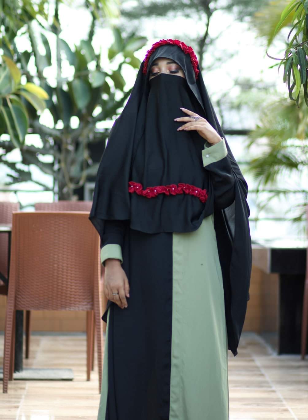  Hoodie Instant Ready Hijab With Niqab For Muslim Woman (Black&Red)) 