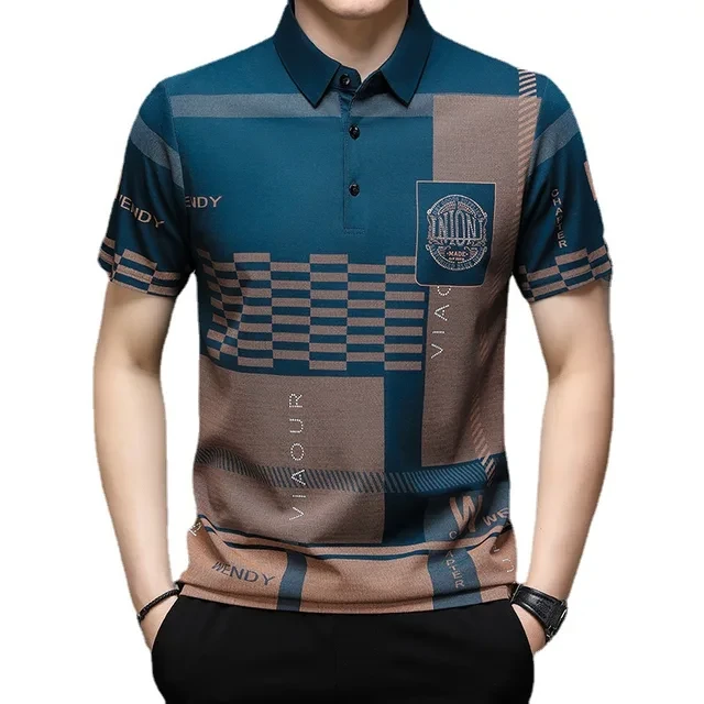  New Summer T Shirts for Men Short Sleeve Turn-down Collar Letter Printing Button Striped Polo Tees Fashion Pullover Tops 