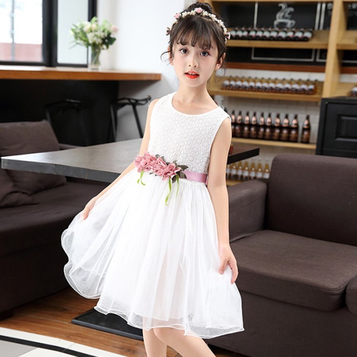  Girls Flower Mesh Party Frock - White 