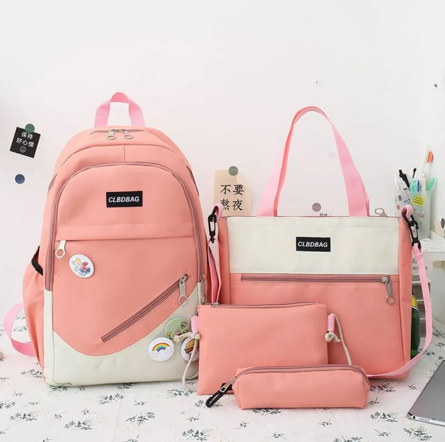  Zip It Good 4pc Set: Two-Tone Backpack + Tote Bag + Crossbody Bag + Pencil Cas - Pink 