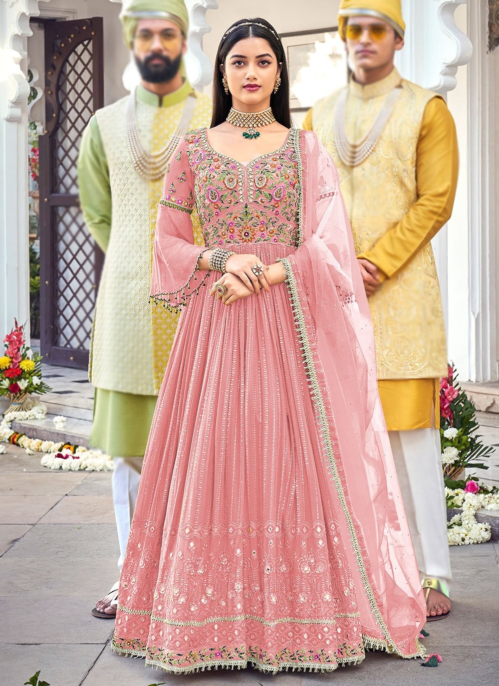 Pink Faux Georgette Festival Designer Floor Length gown Salwar Suit