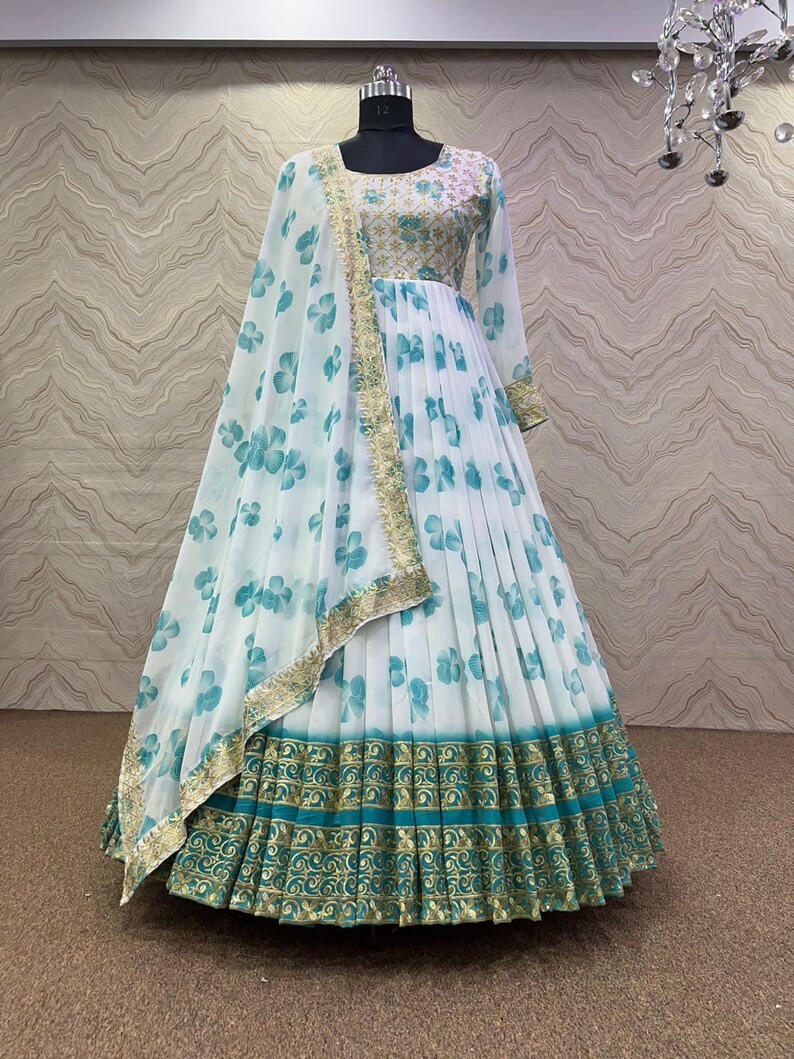  Latest Design Diamond Georgette Fabrics Skin Print Two Piece Gown with Dupatta For Girls/Women. 
