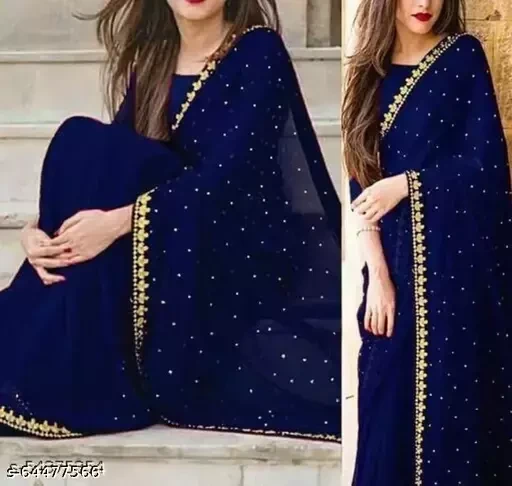 Navy Blue Color Exclusive Weightless Georgette Saree High Quality Embroidery Work On Blouse