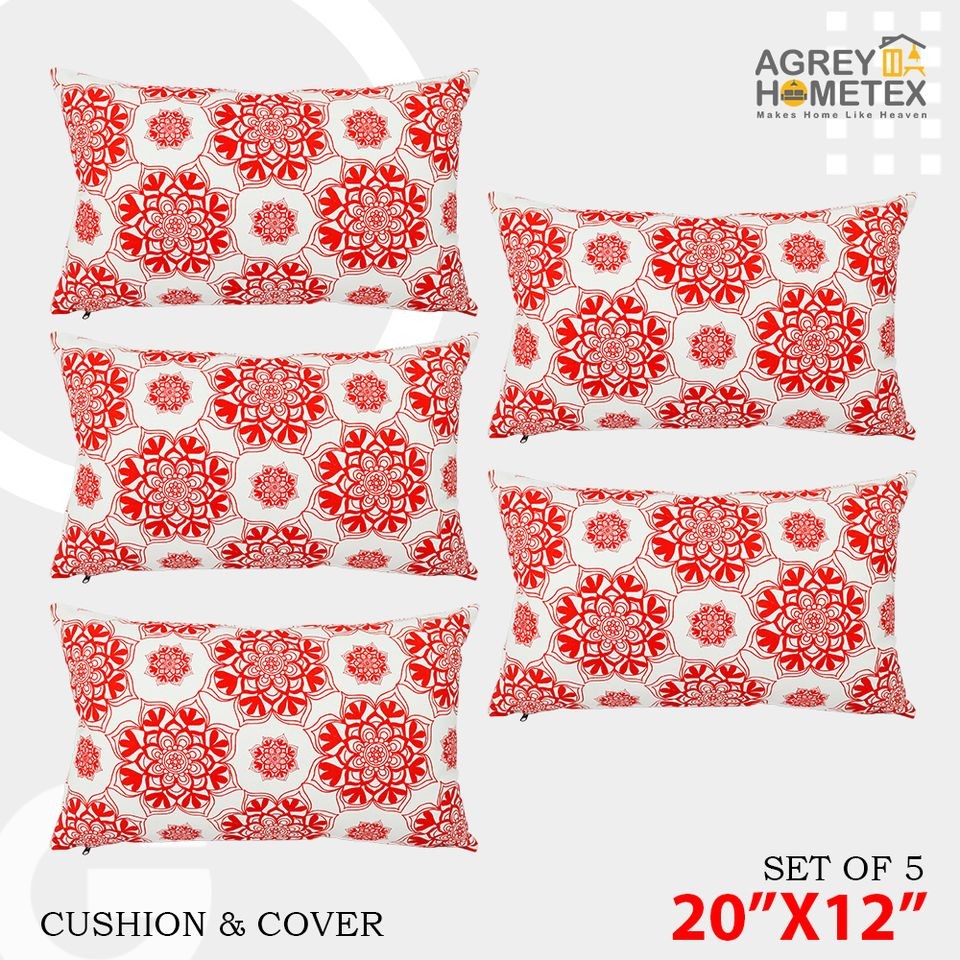  Fiber Cushion & Cover, Red & White (20"x12"), Set of 5 