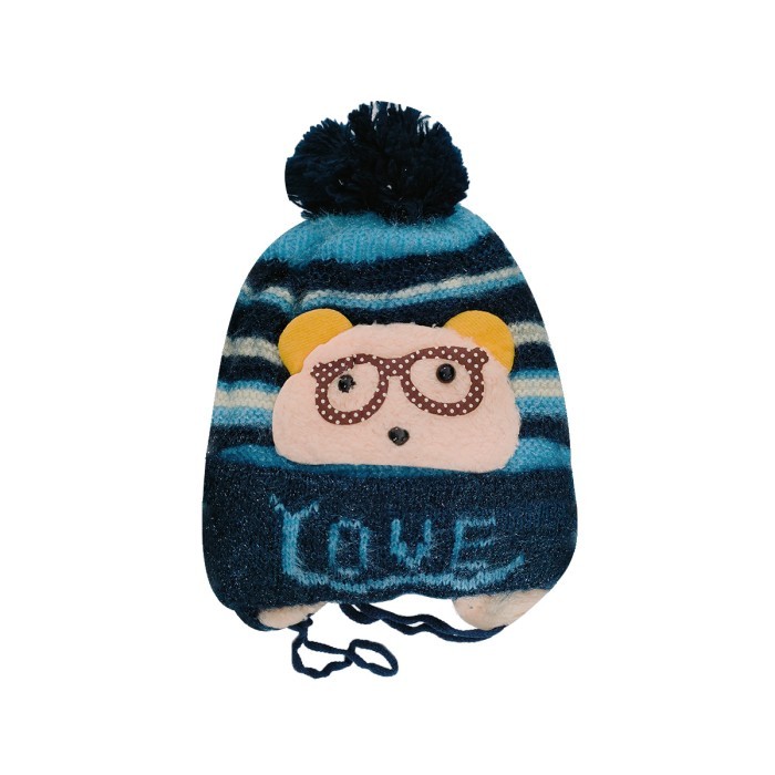  Glittery Acrylic Woollen Double Layer Tie Knot Cap Bear Design Love - Navy Blue 