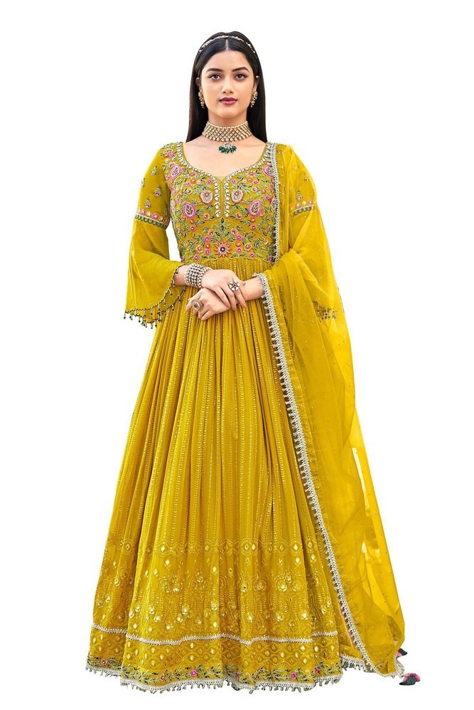 Yellow Faux Georgette Festival Designer Floor Length gown Salwar Suit