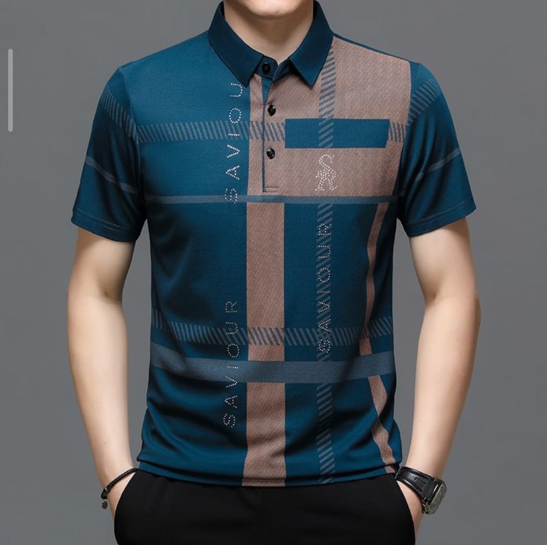  Premium Chinese Variant Lake Blue& Golden Texure Mixed Half Sleeve Summer China Chinigura Polo Shirt For Men 