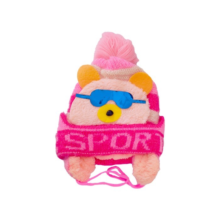  Glittery Acrylic Woollen Double Layer Tie Knot Cap Bear Design Sports - Light Pink 