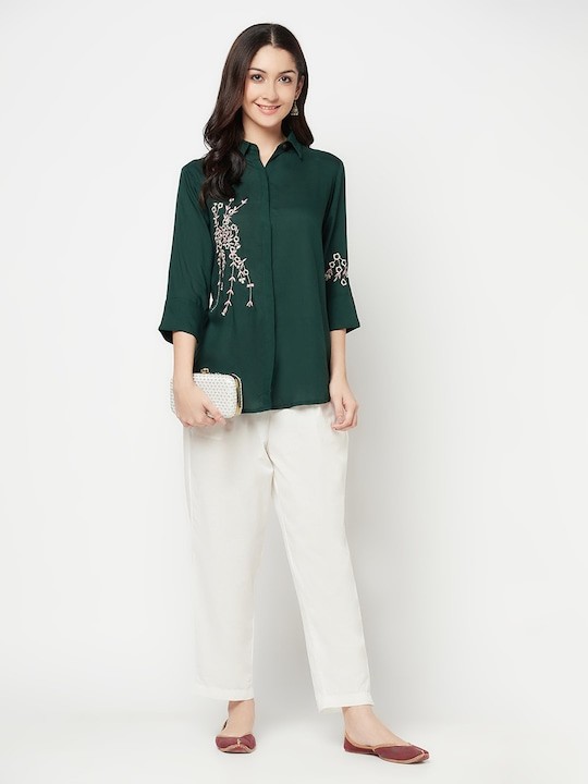  Fashionable Bottle Green Embroidered Shirt For Women 