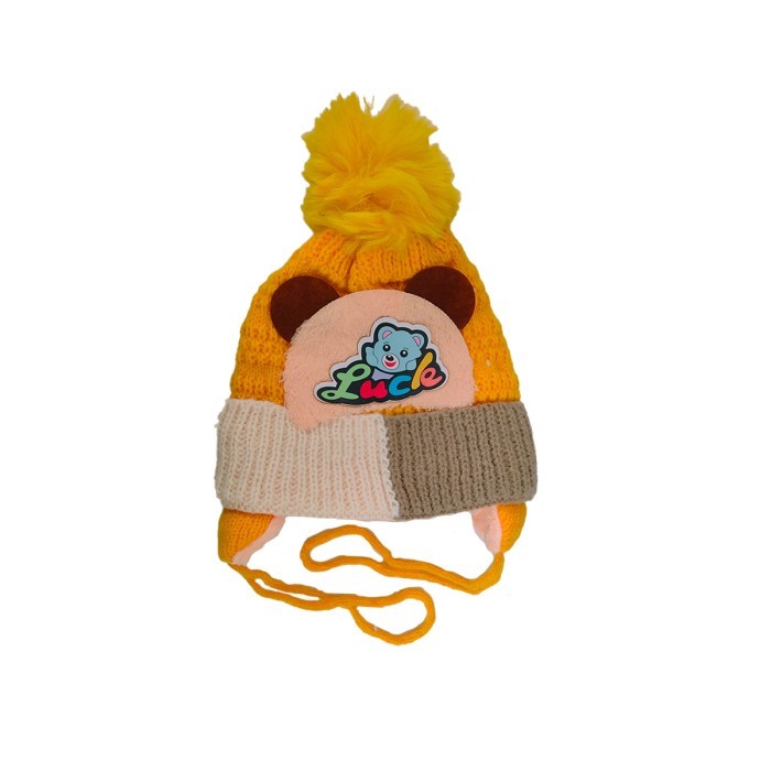  Acrylic Woollen Double Layer Tie Knot Cap Bear Design - Yellow 