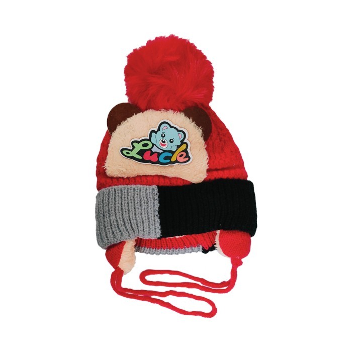  Acrylic Woollen Double Layer Tie Knot Cap Bear Design - Red 