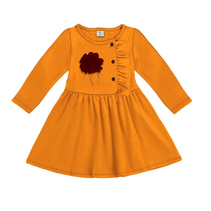  Girls Cotton Knit Full Sleeves Frock with Flower Applique (flower color may vary) - Yellow 