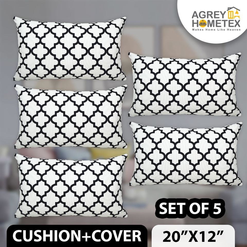  Fiber Cushion & Cover, Black & White (20"x12") Set of 5, Only Cover 