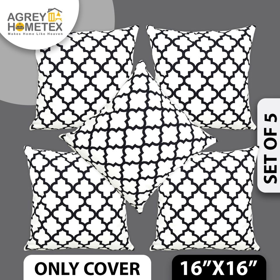  Cotton Cushion Cover, Black & White (16"x16") Set of 5, Only Cover 