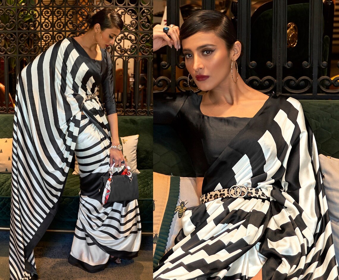 Black & White Zebra Printed Soft Satin Silk Saree