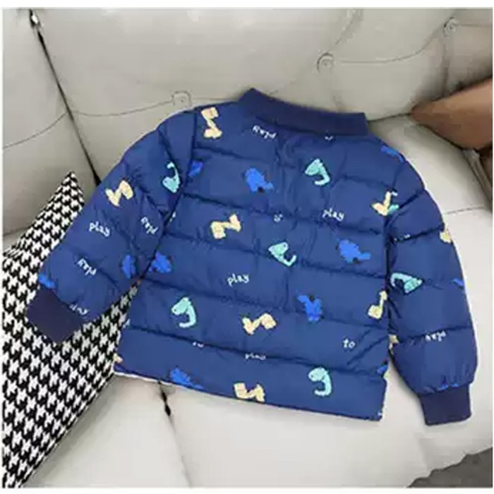  Kids Full Sleeves Padded Winter Jacket Dinosaur Print - Navy Blue 
