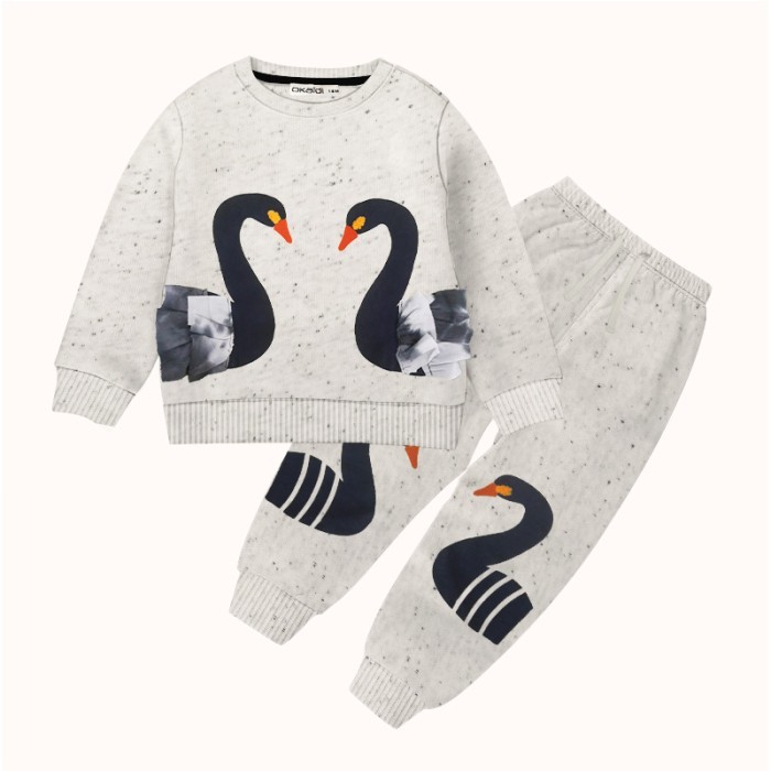  Baby Duck Printed Full Sleeve Sweat Shirt and Trouser Set- Light Gray Color 