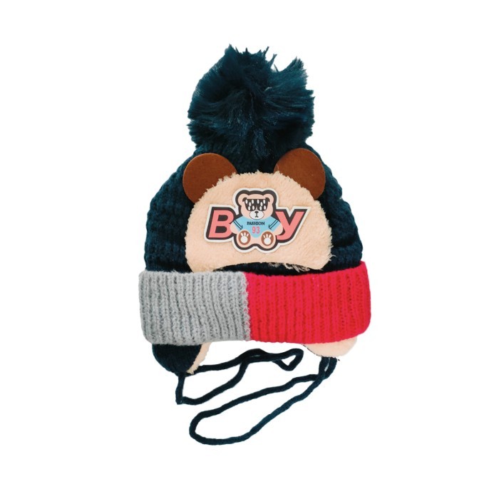  Acrylic Woollen Double Layer Tie Knot Cap Bear Design - Navy Blue 