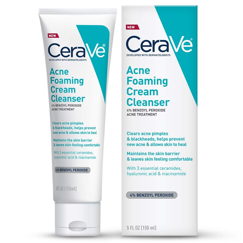  CeraVe Acne Foaming Cream Cleanser, 4% Benzoyl Peroxide, 5 FL OZ (150 ml) - Hyaluronic Acid + Niacinamide 