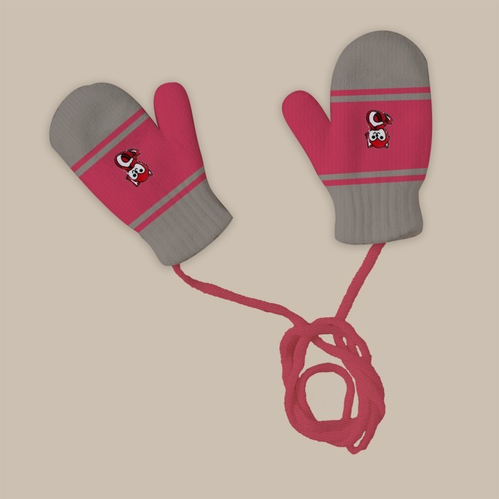  Baby Acrylic Woolen Mittens Set Stripes Design - Magenta & Light Grey 