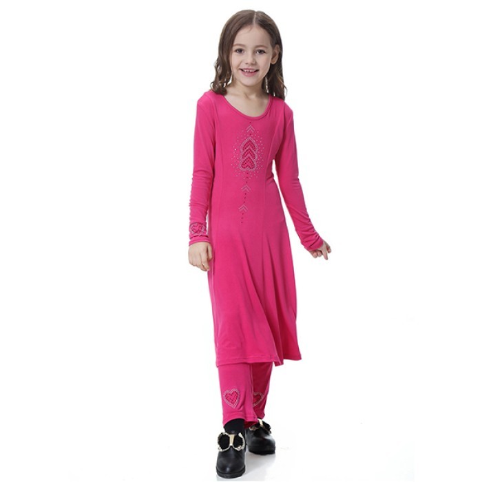  Muslim Girls' Suit Robe Long Dress - Red Rose 
